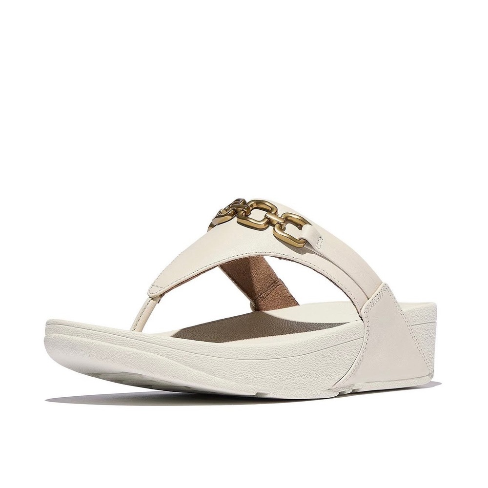 FitFlop Sandals Lulu Square-Chain Leather Toe-Post Paris Beige Womens 10